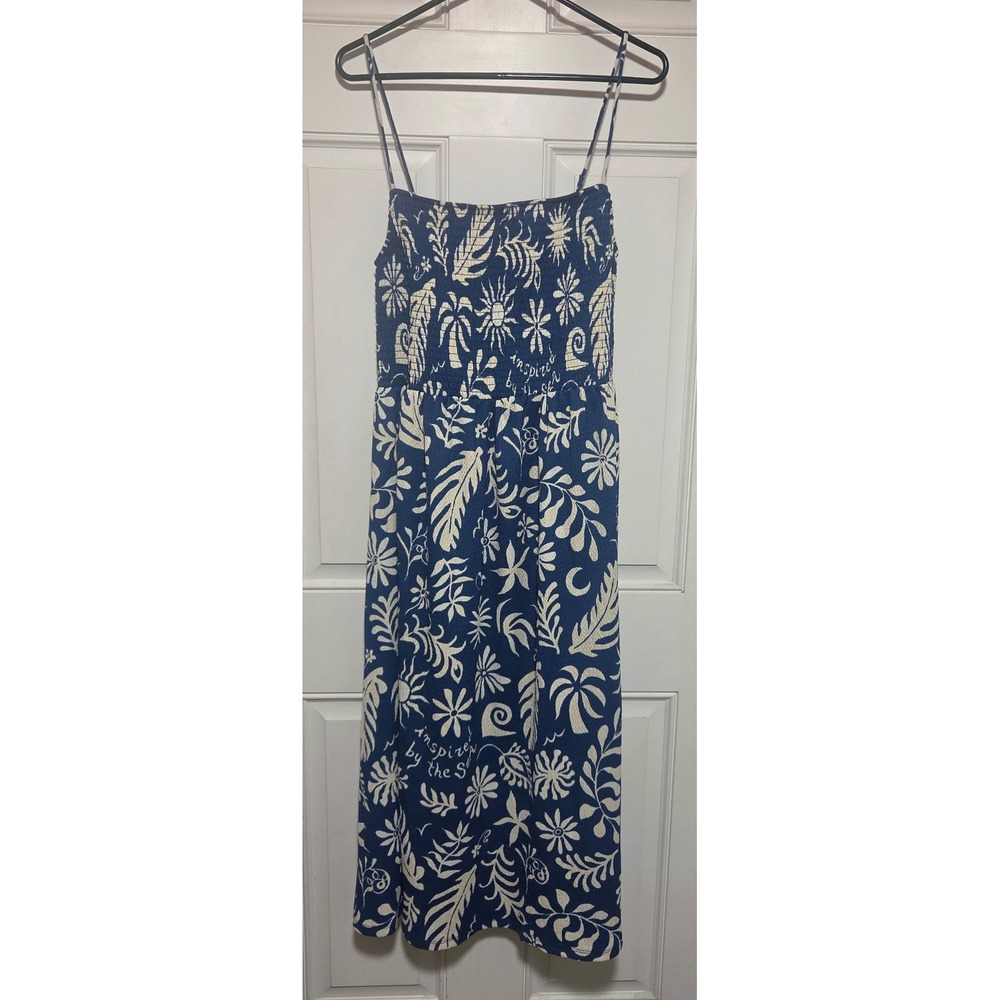 HM Blue White Tropical Floral Smocked Midi Dress Large Adjustable Straps